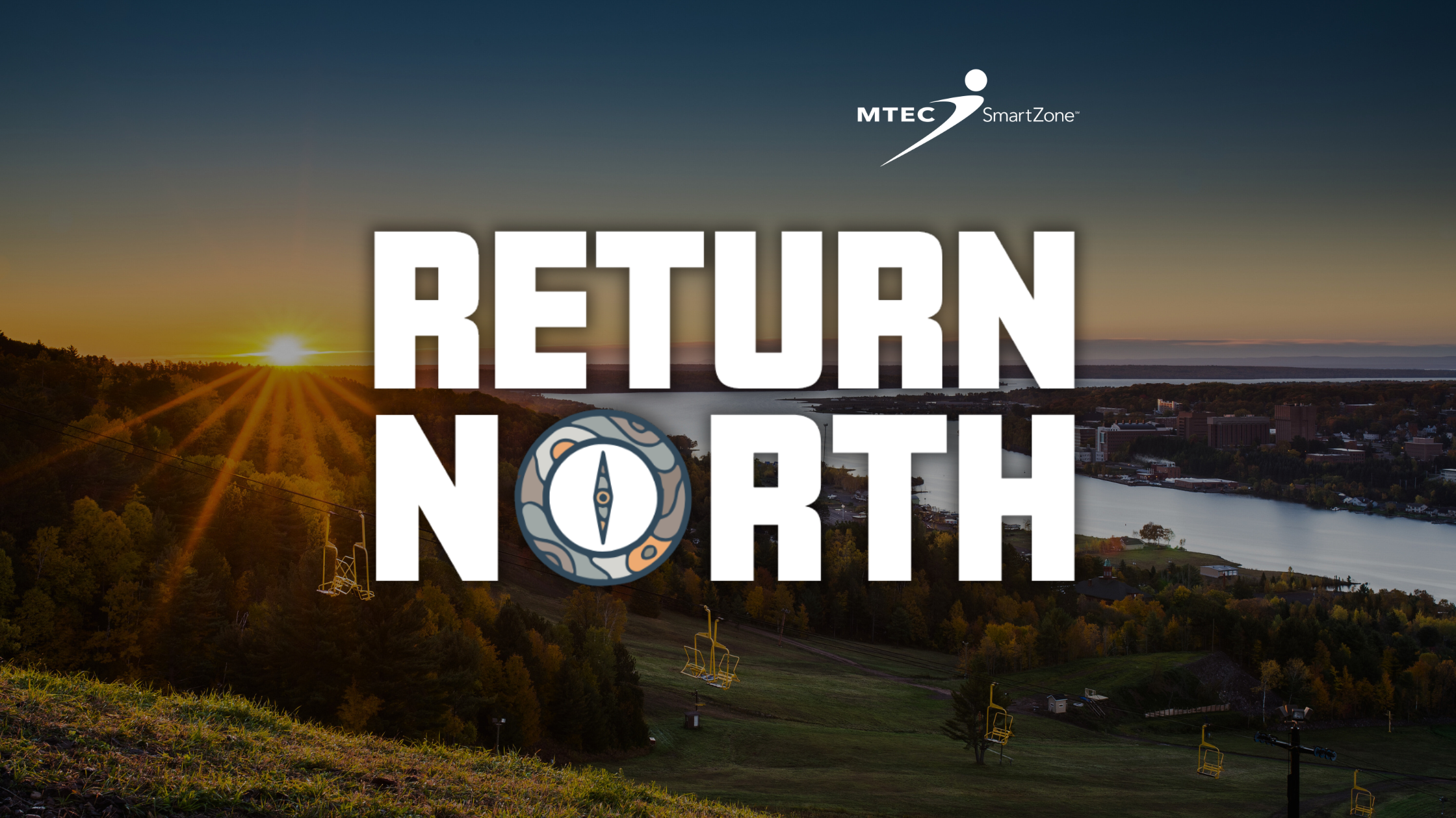 "Sunrise view from Mont Ripley overlooking the Keweenaw Waterway, Houghton and Hancock, Michigan, highlighting the natural beauty and career opportunities available in Michigan's Upper Peninsula through Return North."